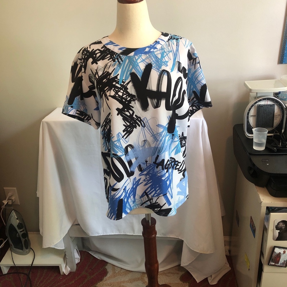 Karl Lagerfeld White Tee with Blue and Black Graffiti Print
